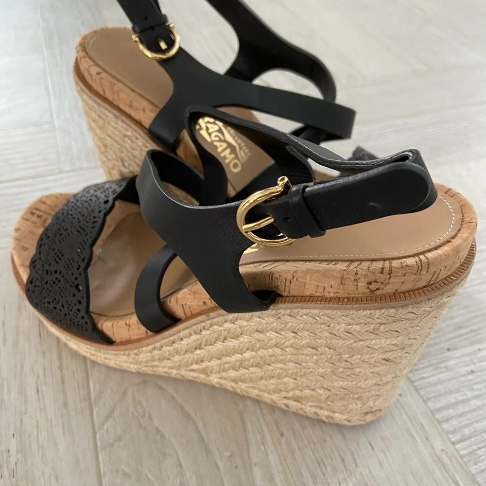 Salvatore Ferragamo Black Cork Wedge Sandals